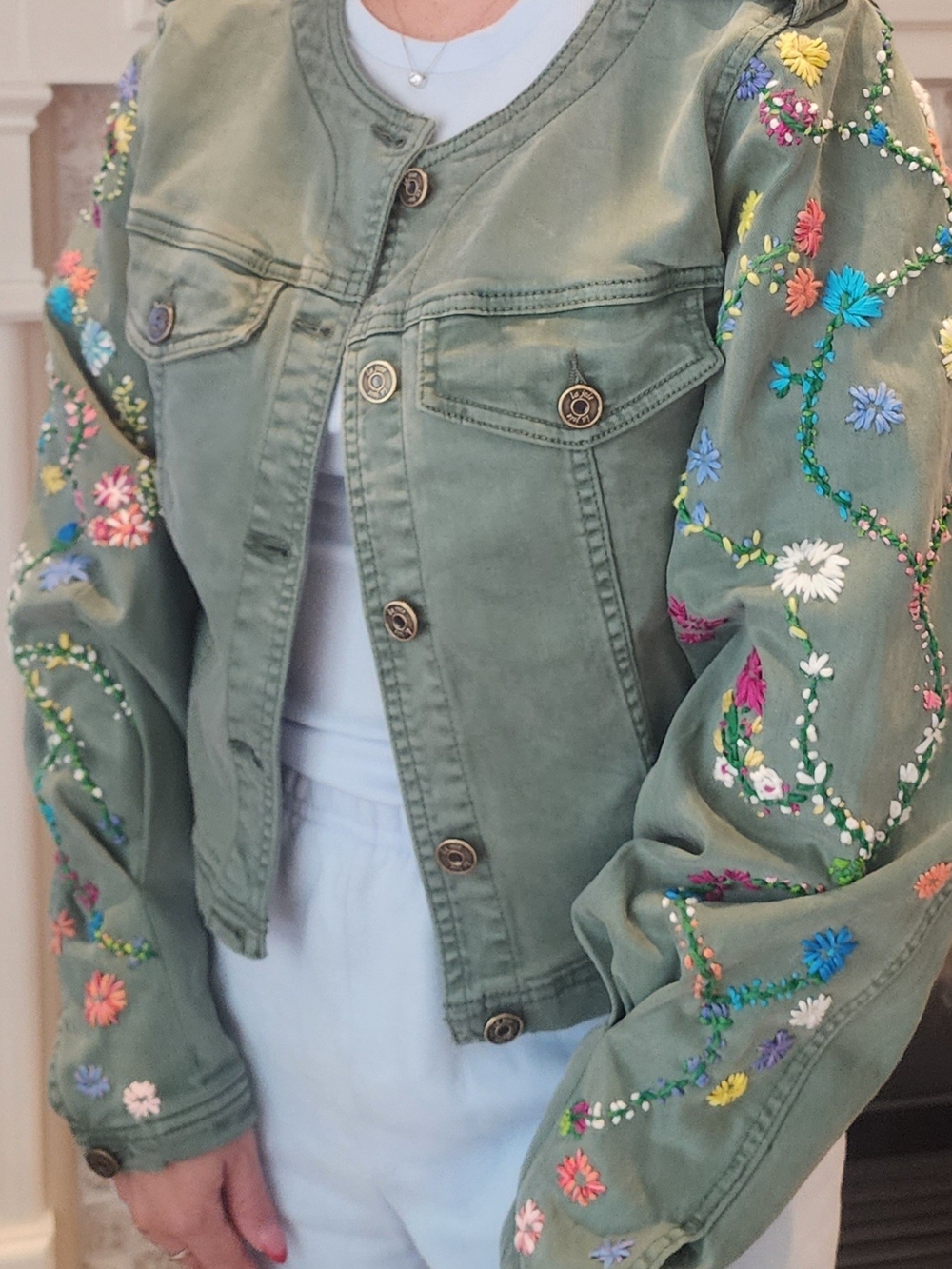 Embroidered Olive Green Women's Jean Jacket New